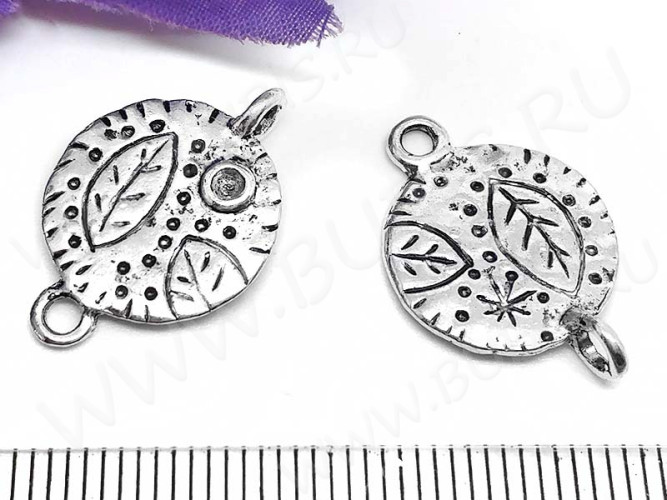 164 Коннектор Круг с листиками двусторонний 21,5*14,5*1,5мм античное серебро (литьё)