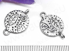164 Коннектор Круг с листиками двусторонний 21,5*14,5*1,5мм античное серебро (литьё)