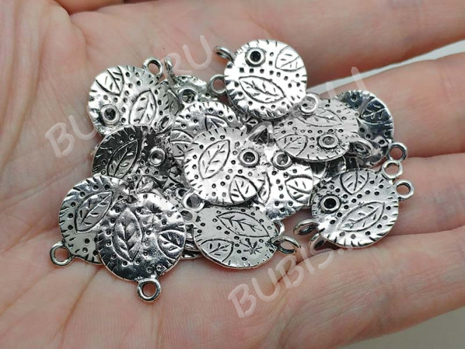 164 Коннектор Круг с листиками двусторонний 21,5*14,5*1,5мм античное серебро (литьё)