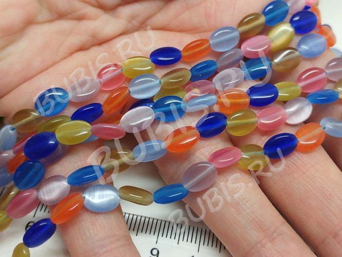 (ОПТ) Бусина каменная Овал 61 8*6*3мм Кошачий глаз МИКС (камни) (НИТЬ)