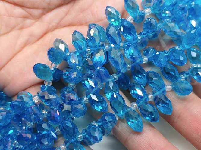 (ОПТ) Подвеска Капля гранёная 12*6*5,5мм Хрусталь голубой с АВ прозрачный (имитация Сваровски) (НИТЬ)