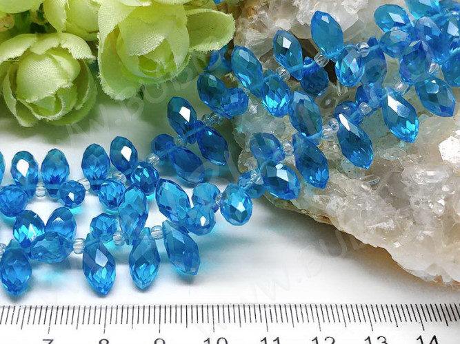 (ОПТ) Подвеска Капля гранёная 12*6*5,5мм Хрусталь голубой с АВ прозрачный (имитация Сваровски) (НИТЬ)