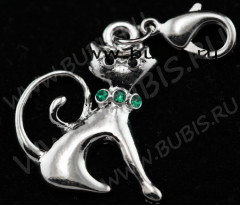 Подвеска Кошка 16 сидящая 23*18*5мм с изумрудными стразами (цветные подвески)