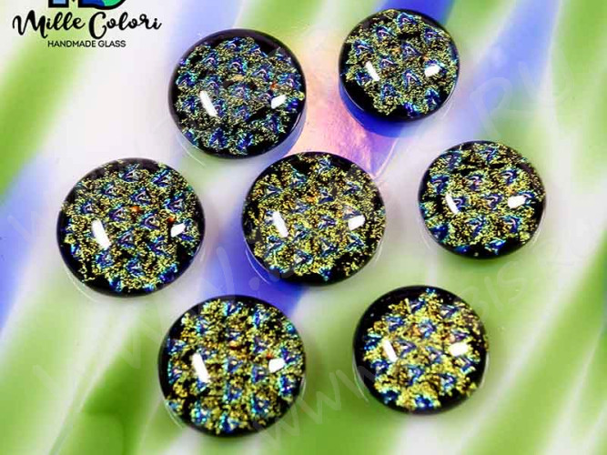 Кабошон Фьюзинг Круглый 17мм Дихроик на черном Бежевый-зеленый Узор CU