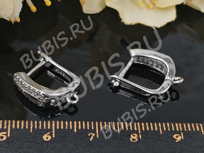 Швензы с английским замком №127 с инкрустацией кубическим цирконием 18*14*4,5мм цвет платины и прозрачные (Milano LUX) (Brass и фианит) (1 пара)