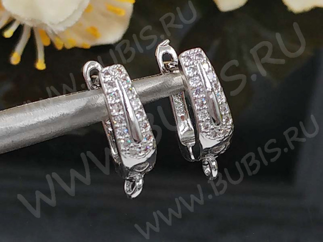 Швензы с английским замком №127 с инкрустацией кубическим цирконием 18*14*4,5мм цвет платины и прозрачные (Milano LUX) (Brass и фианит) (1 пара)