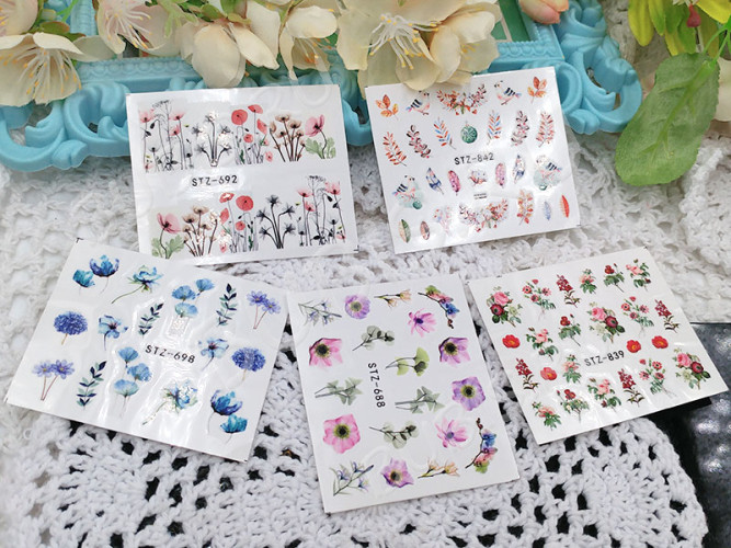 Стикеры 02 слайдеры 6,5*5см МИКС цветочных рисунков (декор) (5шт.)