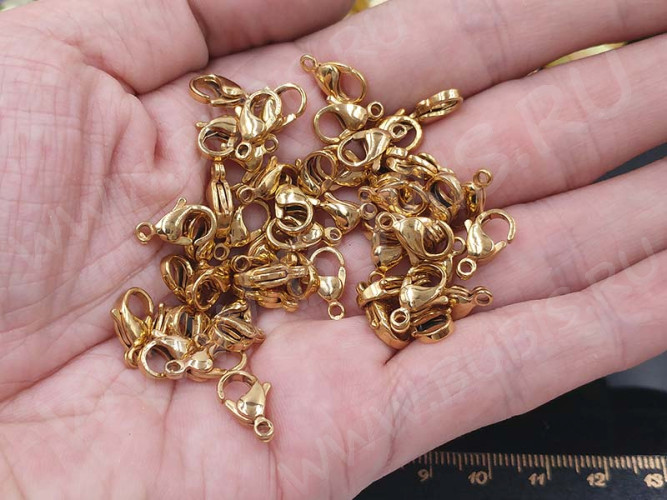 Замочек карабин №086-G 13*8*3мм золотистый Real Gold Plated 24K (LUX)(Хирургическая сталь)