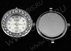 Заготовка для часов 074 округлая 30,3*27*7,5мм цвет платины и прозрачные стразы (часы)