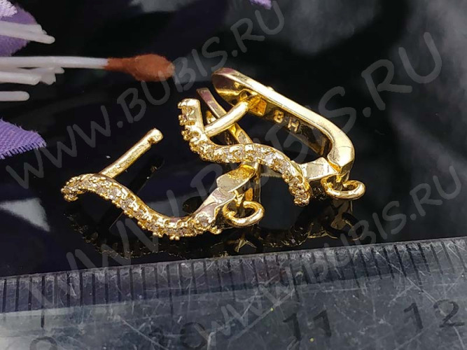Швензы с английским замком №96 с инкрустацией кубическим цирконием 19,5*12*4мм золотистые и прозрачные (Milano LUX) (Brass и фианит) (1 пара)