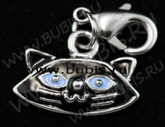 Подвеска Кошка 17 голова 18*12*3мм чёрная с голубыми глазами (цветные подвески)