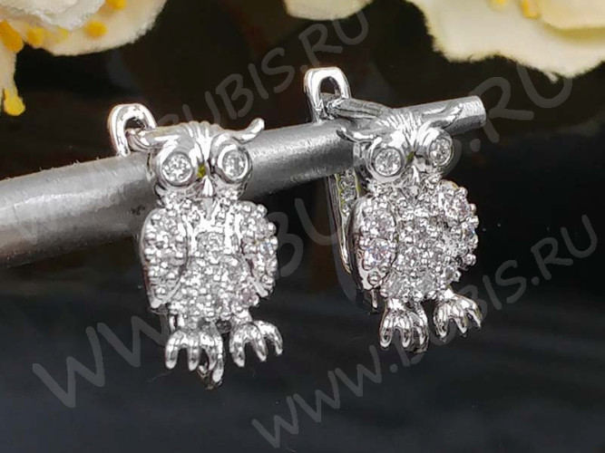 Швензы с английским замком №128 с инкрустацией кубическим цирконием 17*12*8мм цвет платины и прозрачные (Milano LUX) (Brass и фианит) (1 пара)