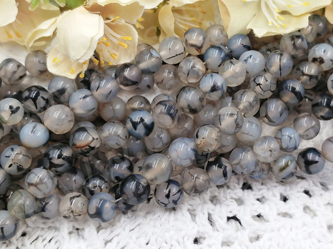 Бусина округлая 8мм шарик Агат "Вены Дракона" серый с чёрным (камни) (НИТЬ)