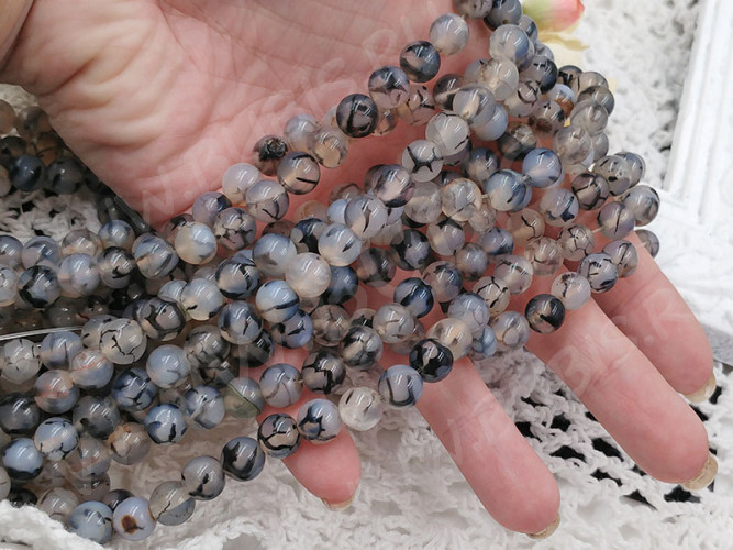 Бусина округлая 8мм шарик Агат "Вены Дракона" серый с чёрным (камни) (НИТЬ)