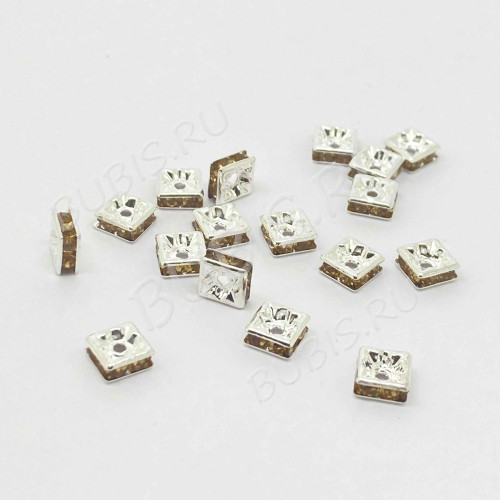 Рондель со стразами 02 квадратная 6*6*2,8мм серебристая с золотистыми стразами (Brass и стекло) 