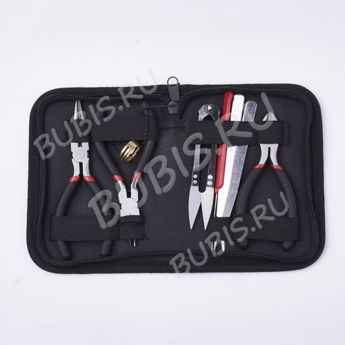 Комплект инструментов 12 набор в "кожаном" органайзере 8 предметов 15,5*11*2,8см чёрный (инструменты для бижутерии) 