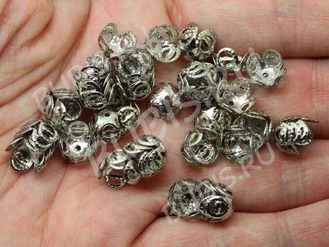(СКИДКИ!!!) Шапочка тонкая 043 ажурная чашечка 8*8*5мм никель (Iron) (имитация скани) (50шт.)