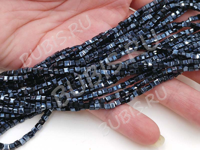 (ОПТ) Бусина кристалл гранёный Кубик 2,5*2,5*2мм т.серый непрозрачный (имитация Сваровски) (НИТЬ)