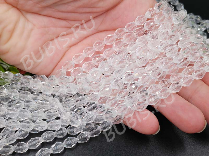 (ОПТ) Бусина Капля гранёная 7,5*6*6мм чистая прозрачная (имитация Сваровски) (НИТЬ)