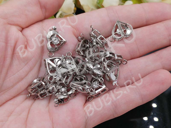 Замочек-застёжка №67 Сердечко со стразом на 1 нить 19*12*6,5мм цвет платины и прозрачный (Brass и стекло)