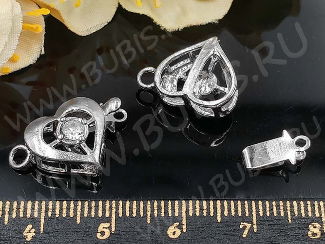 Замочек-застёжка №67 Сердечко со стразом на 1 нить 19*12*6,5мм цвет платины и прозрачный (Brass и стекло)