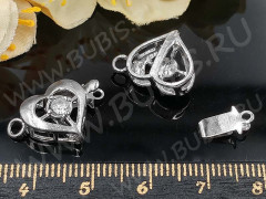 Замочек-застёжка №67 Сердечко со стразом на 1 нить 19*12*6,5мм цвет платины и прозрачный (Brass и стекло)