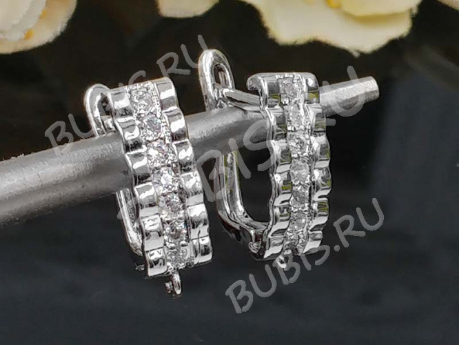 Швензы с английским замком №129 с инкрустацией кубическим цирконием 18*12,5*5,5мм цвет платины и прозрачные (Milano LUX) (Brass и фианит) (1 пара)