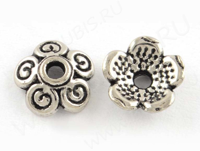 (СКИДКИ!!!) 270 Шапочка Завитки 8,5*8,5*3мм античное серебро (литьё) (10шт.)