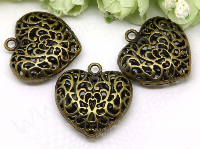 Подвеска Сердечко 66 3D Кулон ажурный 35*34*10,5мм античная бронза (литьё)