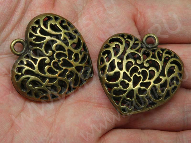 Подвеска Сердечко 66 3D Кулон ажурный 35*34*10,5мм античная бронза (литьё)