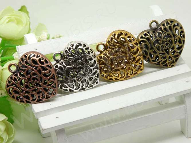 Подвеска Сердечко 66 3D Кулон ажурный 35*34*10,5мм античная бронза (литьё)