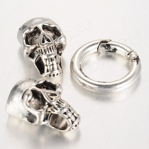 Замочек карабин №064 кольцо с концевиками Черепа 60*25*12мм античное серебро (литьё)