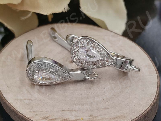 Швензы с английским замком №97 с инкрустацией кубическим цирконием 18*12,5*7мм цвет платины и прозрачные (Milano LUX) (Brass и фианит) (1 пара)