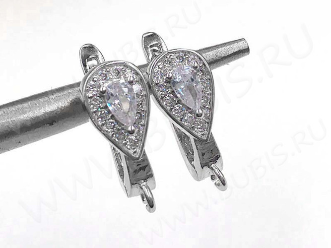 Швензы с английским замком №97 с инкрустацией кубическим цирконием 18*12,5*7мм цвет платины и прозрачные (Milano LUX) (Brass и фианит) (1 пара)