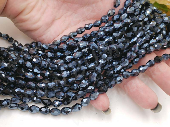 (ОПТ) Бусина Капля гранёная 7,5*6*6мм т.серая непрозрачная (имитация Сваровски) (НИТЬ)