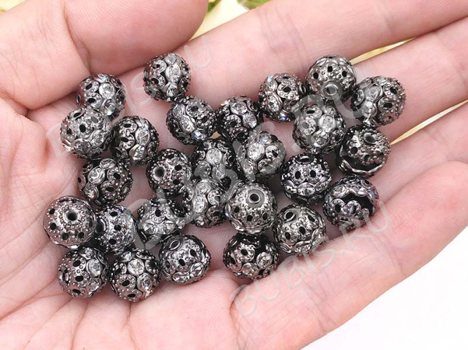 Бусина ажурная 32 Шарик со стразами 10мм черный никель (Brass)