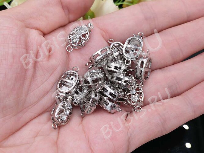 Замочек-застёжка №68 Овальный со стразами на 1 нить 19,5*9,5*6мм цвет платины (Brass)