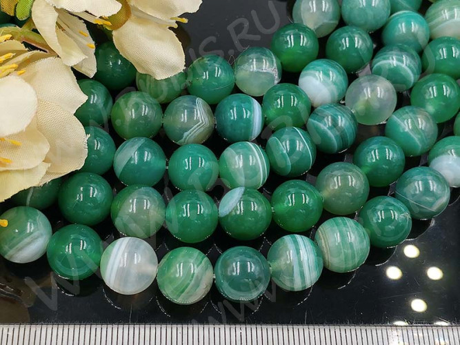 (ОПТ) Бусина округлая ГЛАДКАЯ 12мм Агат Мадагаскарский зелёно-молочный (камни) (НИТЬ)