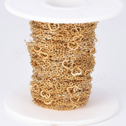 Цепочка S71-G стальная овальная с плоским звеном 2,5*2*0,3мм с Сердечками 6*5*0,5мм золотистая (Хирургическая сталь)(50см)