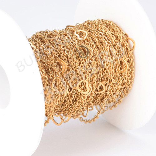 Цепочка S71-G стальная овальная с плоским звеном 2,5*2*0,3мм с Сердечками 6*5*0,5мм золотистая (Хирургическая сталь)(50см)