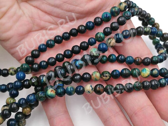 (ОПТ) Бусина округлая 6мм Хризоколла т.сине-бирюзовая натуральная (камни LUX) (НИТЬ)