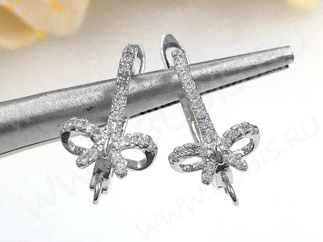 Швензы с английским замком №98 с инкрустацией кубическим цирконием 19,5*12*10мм цвет платины и прозрачные (Milano LUX) (Brass и фианит) (1 пара)