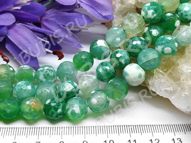 (ОПТ) Бусина округлая ГРАНЁНАЯ 10мм Агат кракле Огненный изумрудно-молочный (камни) (НИТЬ)