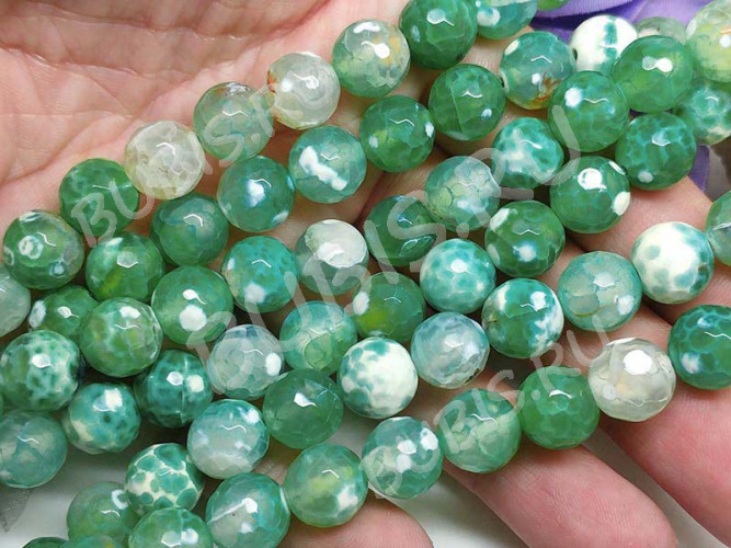 (ОПТ) Бусина округлая ГРАНЁНАЯ 10мм Агат кракле Огненный изумрудно-молочный (камни) (НИТЬ)