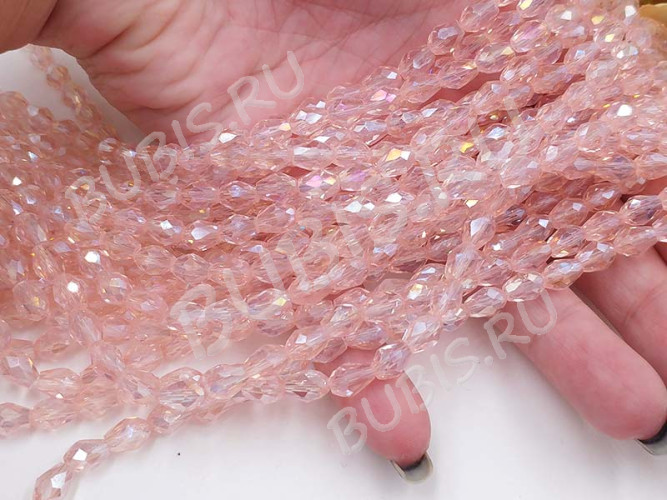 (ОПТ) Бусина Капля гранёная 7,5*6*6мм розовая с АВ прозрачная (имитация Сваровски) (НИТЬ)