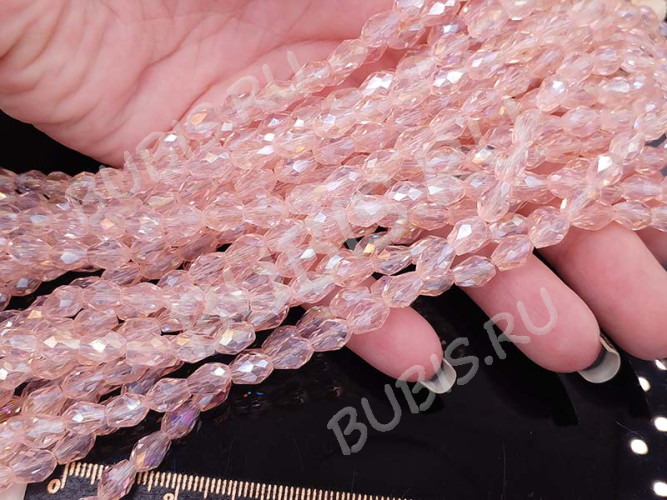 (ОПТ) Бусина Капля гранёная 7,5*6*6мм розовая с АВ прозрачная (имитация Сваровски) (НИТЬ)