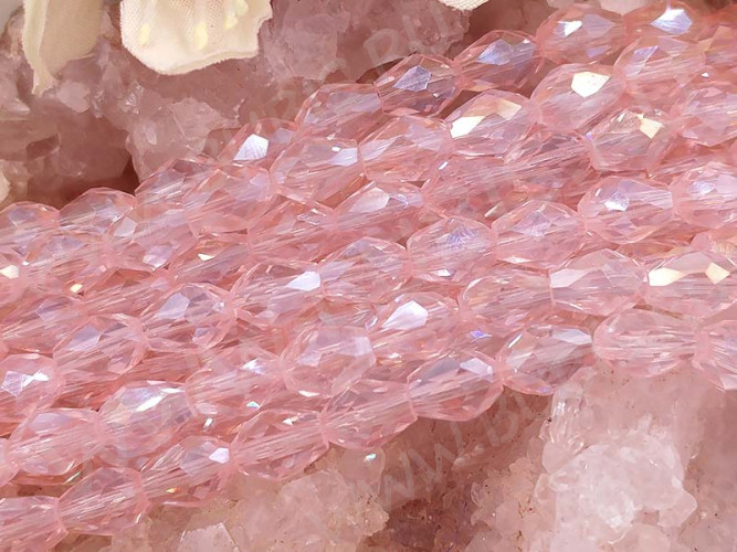 (ОПТ) Бусина Капля гранёная 7,5*6*6мм розовая с АВ прозрачная (имитация Сваровски) (НИТЬ)