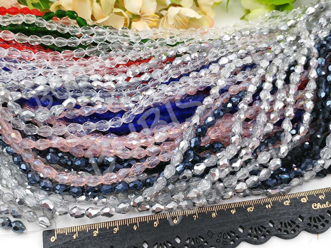 (ОПТ) Бусина Капля гранёная 7,5*6*6мм розовая с АВ прозрачная (имитация Сваровски) (НИТЬ)