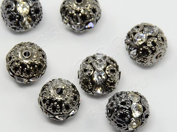 Бусина ажурная 33 Шарик со стразами 12мм черный никель (Brass)