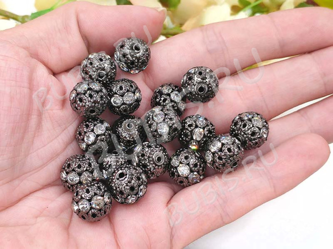 Бусина ажурная 33 Шарик со стразами 12мм черный никель (Brass)